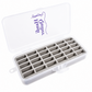 Bobbin Box by Handi Quilter open showing 30 individual gray compartments for M and L class bobbins, clear lid with Handi Quilter logo, gray and white plastic, 7 x 3.5 x 1.25 inches