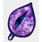 Leaf-Shaped Quilted Hot Pad – Indigo Berry, pocket open showing vivid cobalt blue floral lining inside, with purple and pink watercolor marbled back and deep navy dot-swirl border binding – handmade by IraRobi Quilt