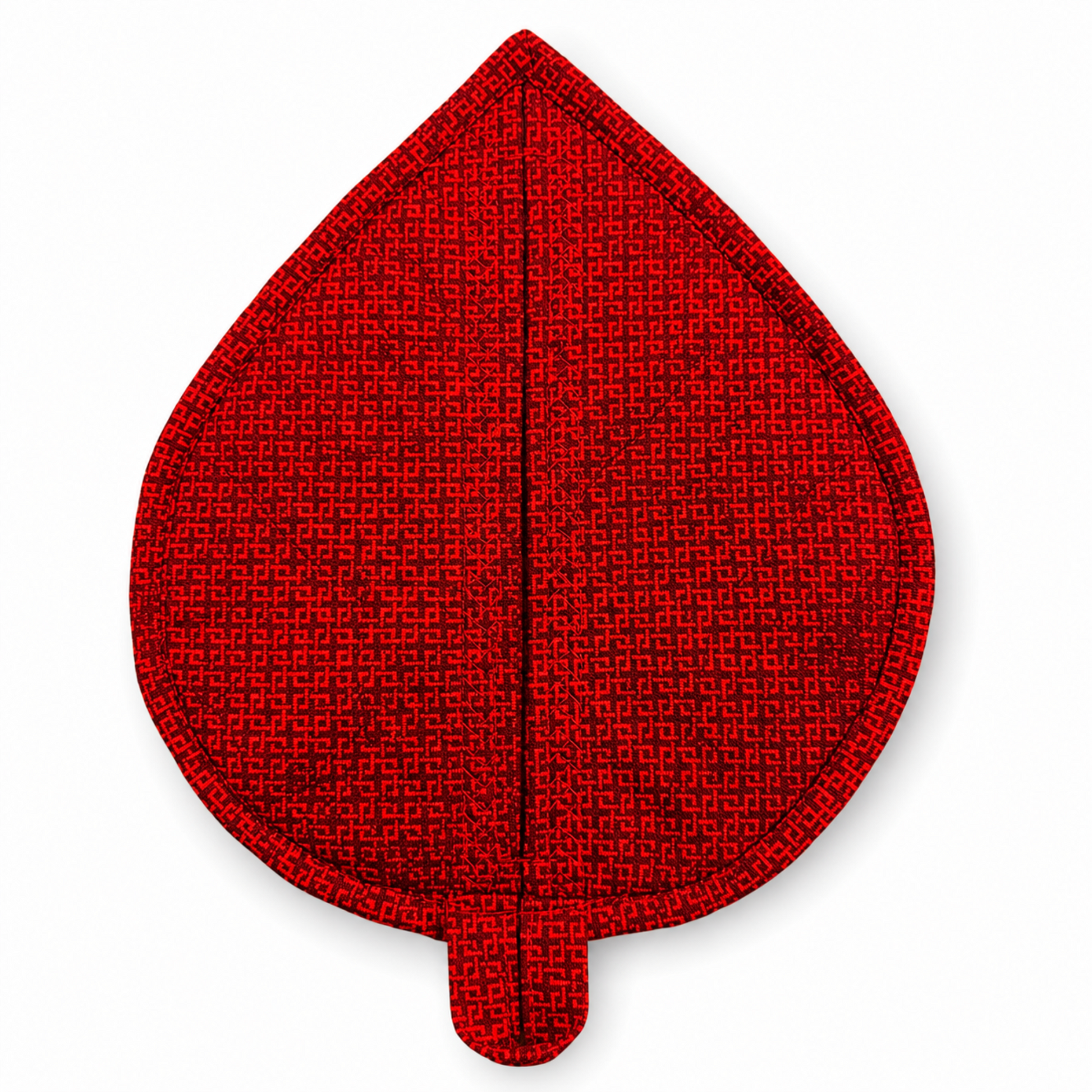 Leaf-Shaped Quilted Hot Pad – Christmas Red, back view showing solid red geometric quilting cotton backing – handmade by IraRobi Quilts