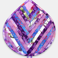 Leaf-Shaped Quilted Hot Pad – Purple Garden, front view showing herringbone chevron strip piecing in purple, lavender, blue, pink, magenta, and floral botanical prints with purple batik border – handmade by IraRobi Quilts