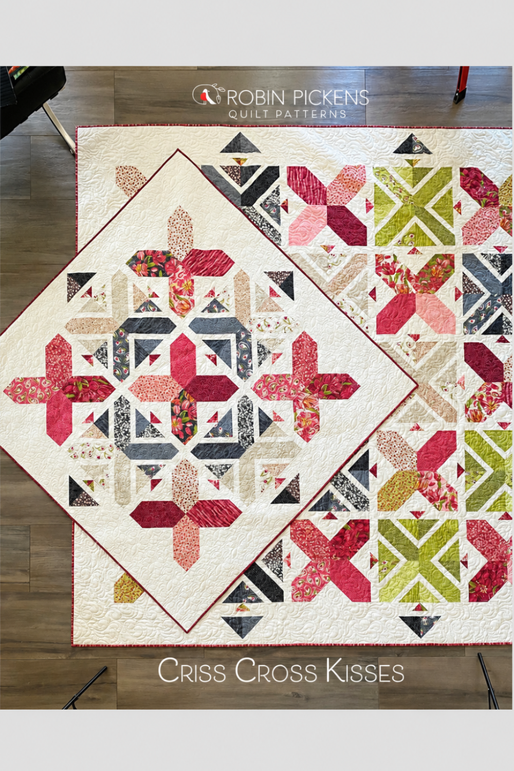 Criss Cross Kisses quilt pattern by Robin Pickens — two stunning colorways side by side! X blocks and arrowhead sashing in crimson/navy and green/pink on cream. Shop at IraRobi Quilts! #QuiltPattern #RobinPickens #XBlock #ModernQuilt #FatEighth