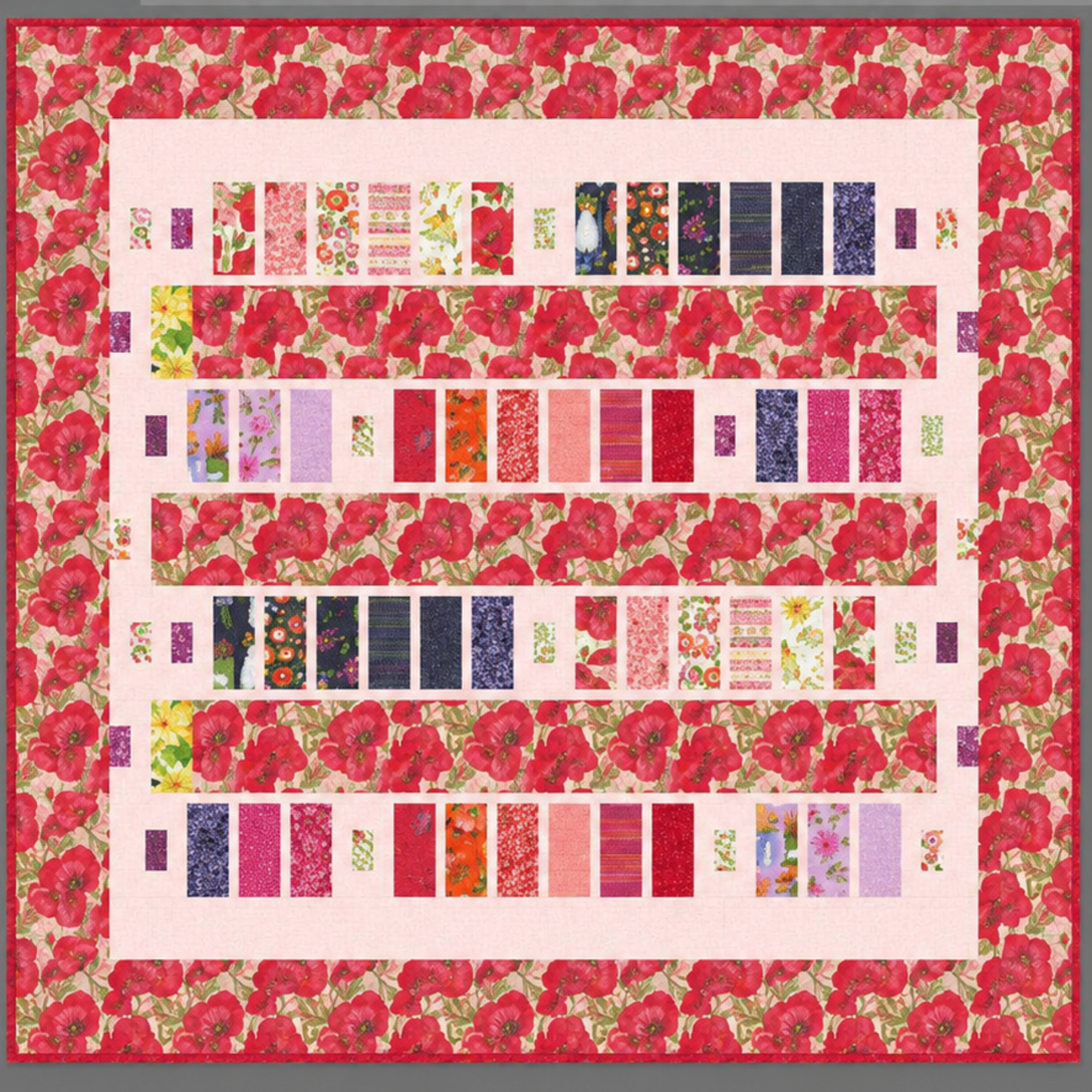 Bar Hop quilt pattern by Robin Pickens featuring bold red poppy floral horizontal bands, soft pink background, and colorful vertical bars in purple, navy, pink, red, and floral prints