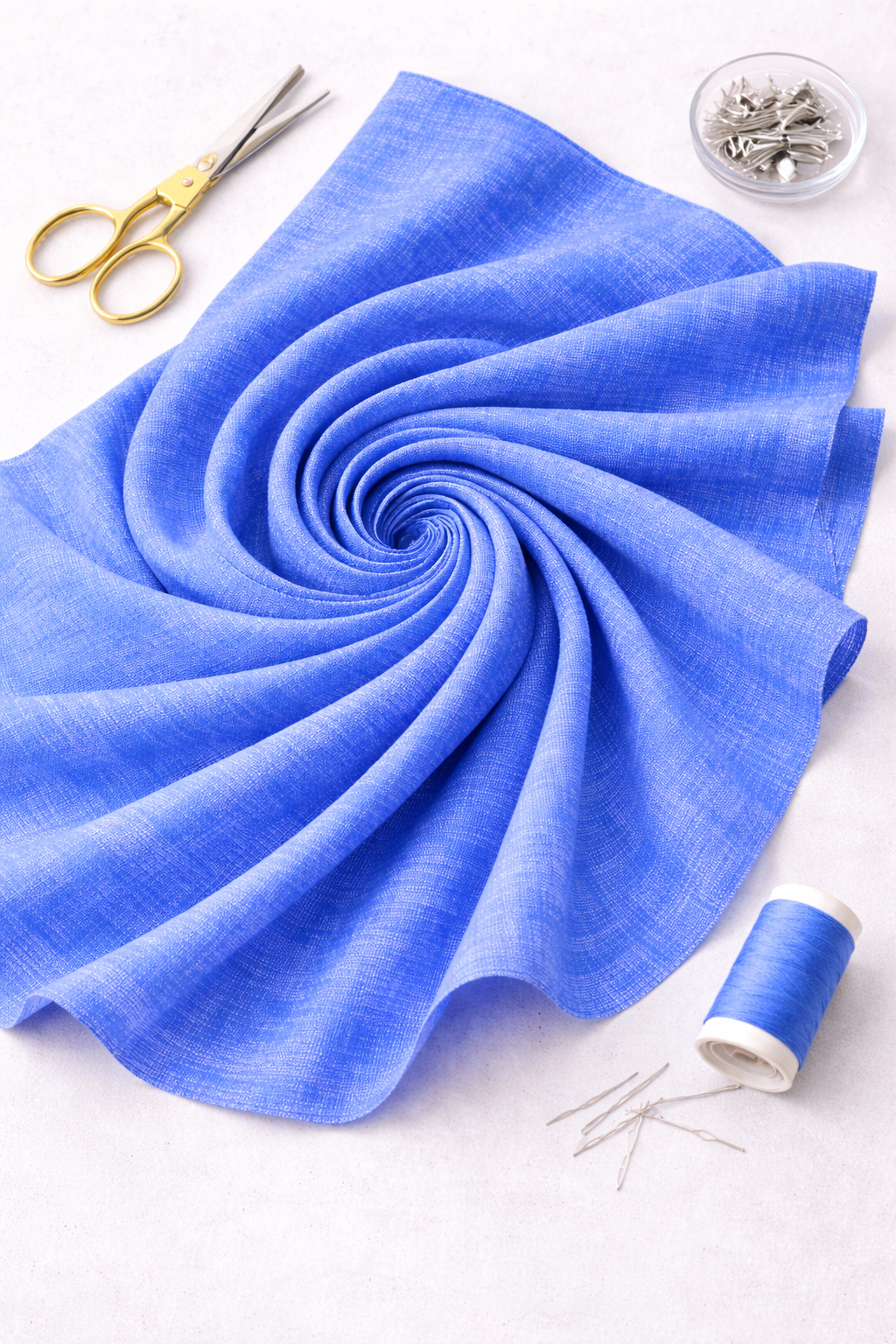Interwoven Periwinkle quilting cotton lifestyle photo showing draped fabric on cutting table with scissors and other notions