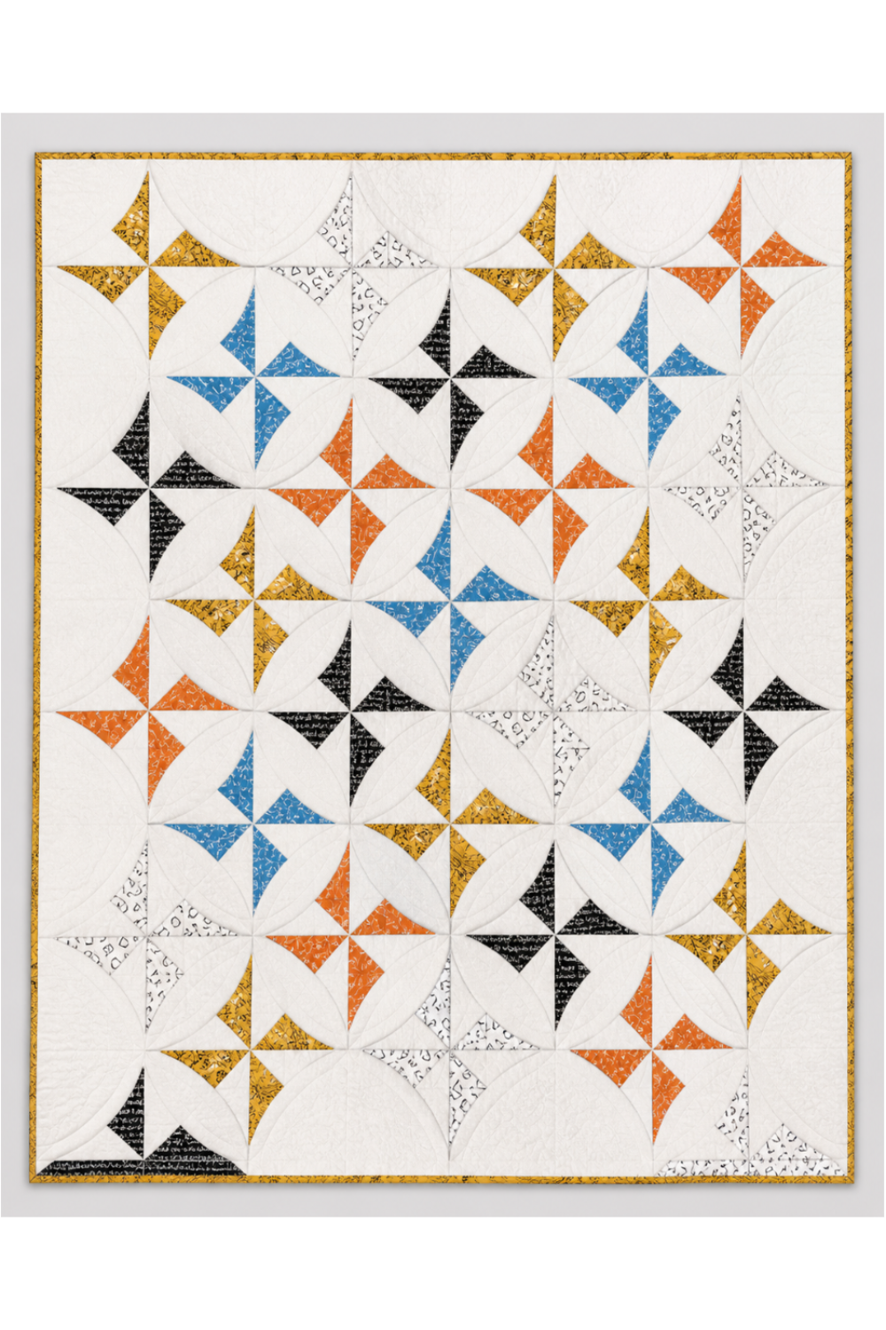 Writing on the Wall Going Places White quilting cotton by Sew Kind of Wonderful for FreeSpirit Fabrics — shown in the Lattice Revival Quilt Pattern by Sew Kind of Wonderful with coordinating orange, blue, gold, black, and white fabrics on an off-white background with gold border. Coordinating fabrics and quilt patterns available at IraRobi Quilts.