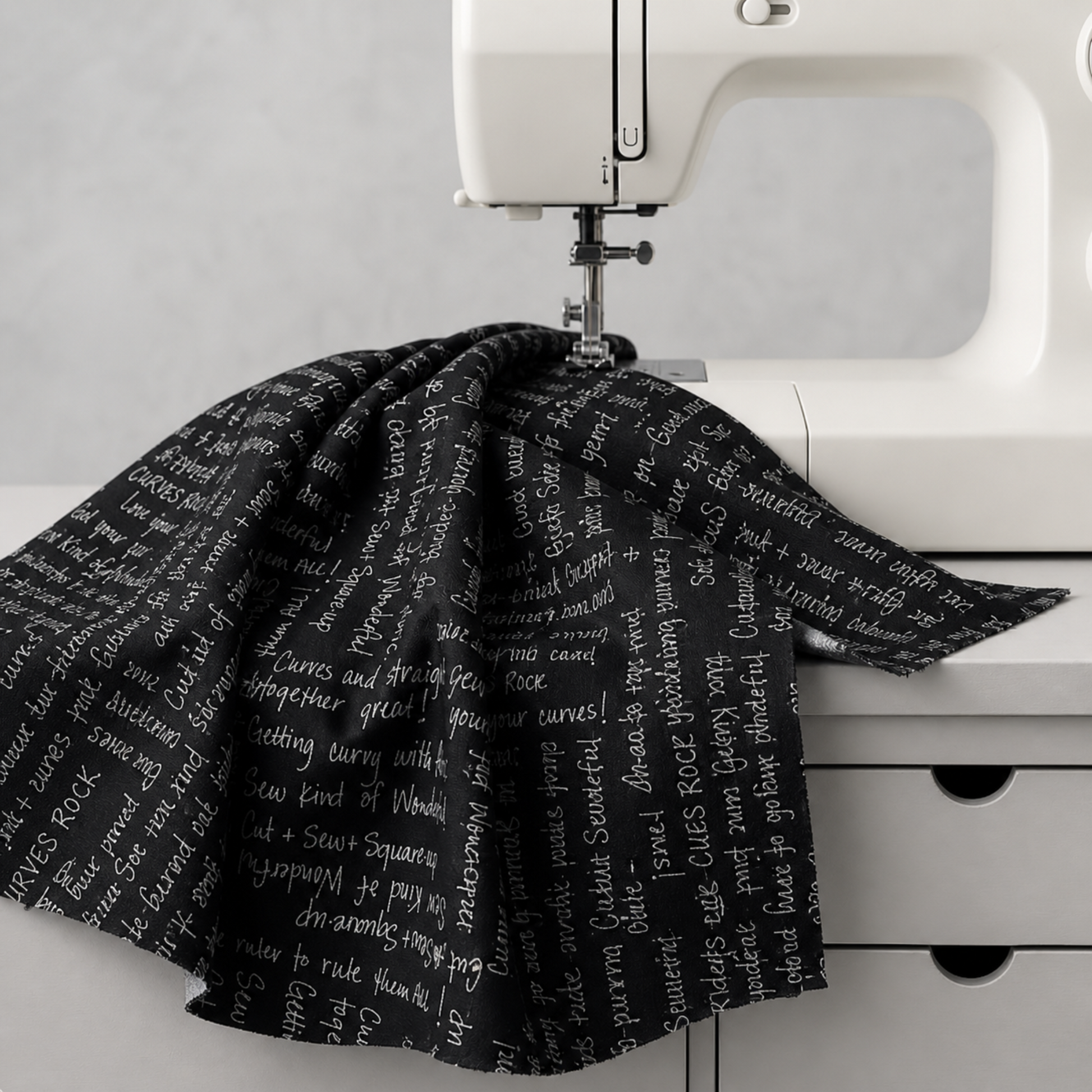 Writing on the Wall Curves Black quilting cotton draped over a sewing machine – white script print on black by Sew Kind of Wonderful for FreeSpirit