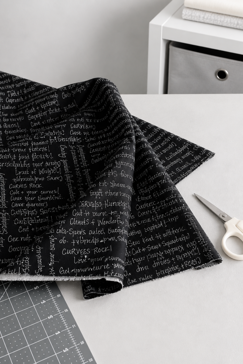 Writing on the Wall Curves Black quilting cotton folded with a drape on a white surface with scissors and cutting mat – Sew Kind of Wonderful for FreeSpirit Fabrics