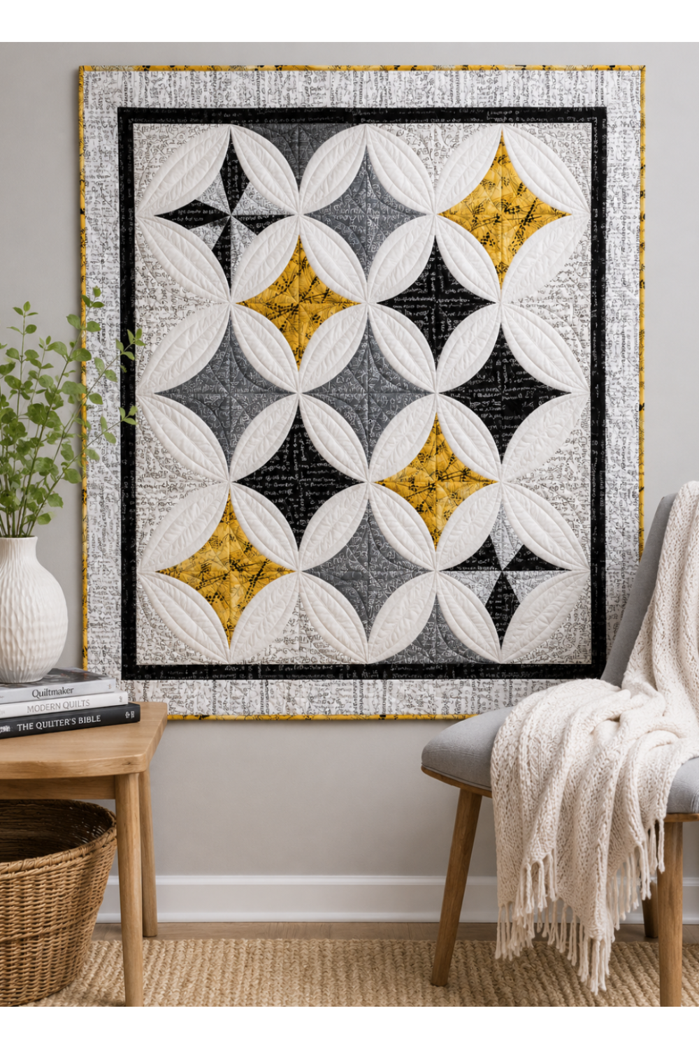 Cathedral windows star quilt in white, black, grey, and golden yellow using Writing on the Wall FreeSpirit fabrics — wall display