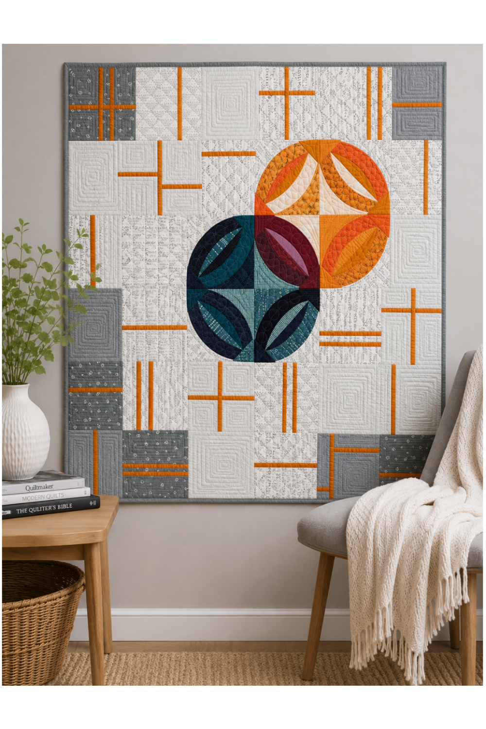 Rings Revival quilt pattern — curved circle blocks in orange, teal, and burgundy on white and grey with orange accent strips