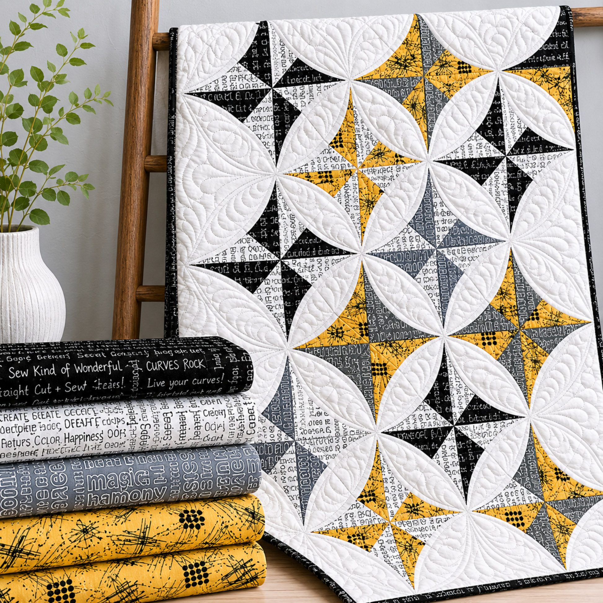 Writing on the Wall Well Worded White quilting cotton by FreeSpirit Fabrics — shown in the Lattice Revival Quilt Pattern by Sew Kind of Wonderful draped on a wooden ladder alongside coordinating Writing on the Wall fabrics in black, grey, and gold. Coordinating fabrics and quilt patterns available at IraRobi Quilts.