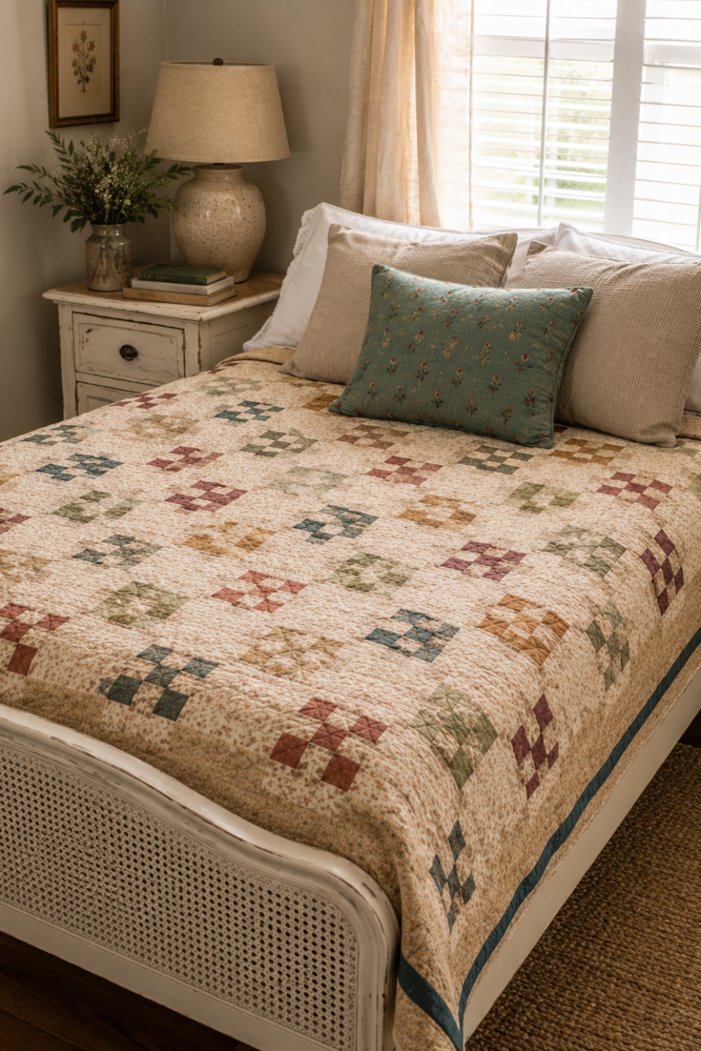 The Fox Homestead by Stacy West for Henry Glass — nine-patch pinwheel quilt on a vintage cane bed, pieced in dusty rose, sage, burgundy, and gold on a cream ditsy ground with a teal border, foot-of-bed view in a cottage bedroom