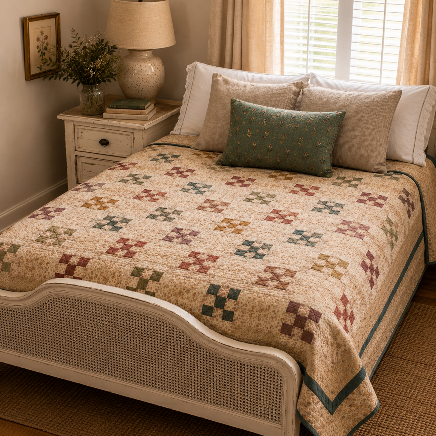 The Fox Homestead by Stacy West for Henry Glass — nine-patch pinwheel quilt on a vintage cane bed in a cottage bedroom, pieced in dusty rose, sage, burgundy, and gold on a cream ditsy ground with a teal border, styled with a sage floral pillow