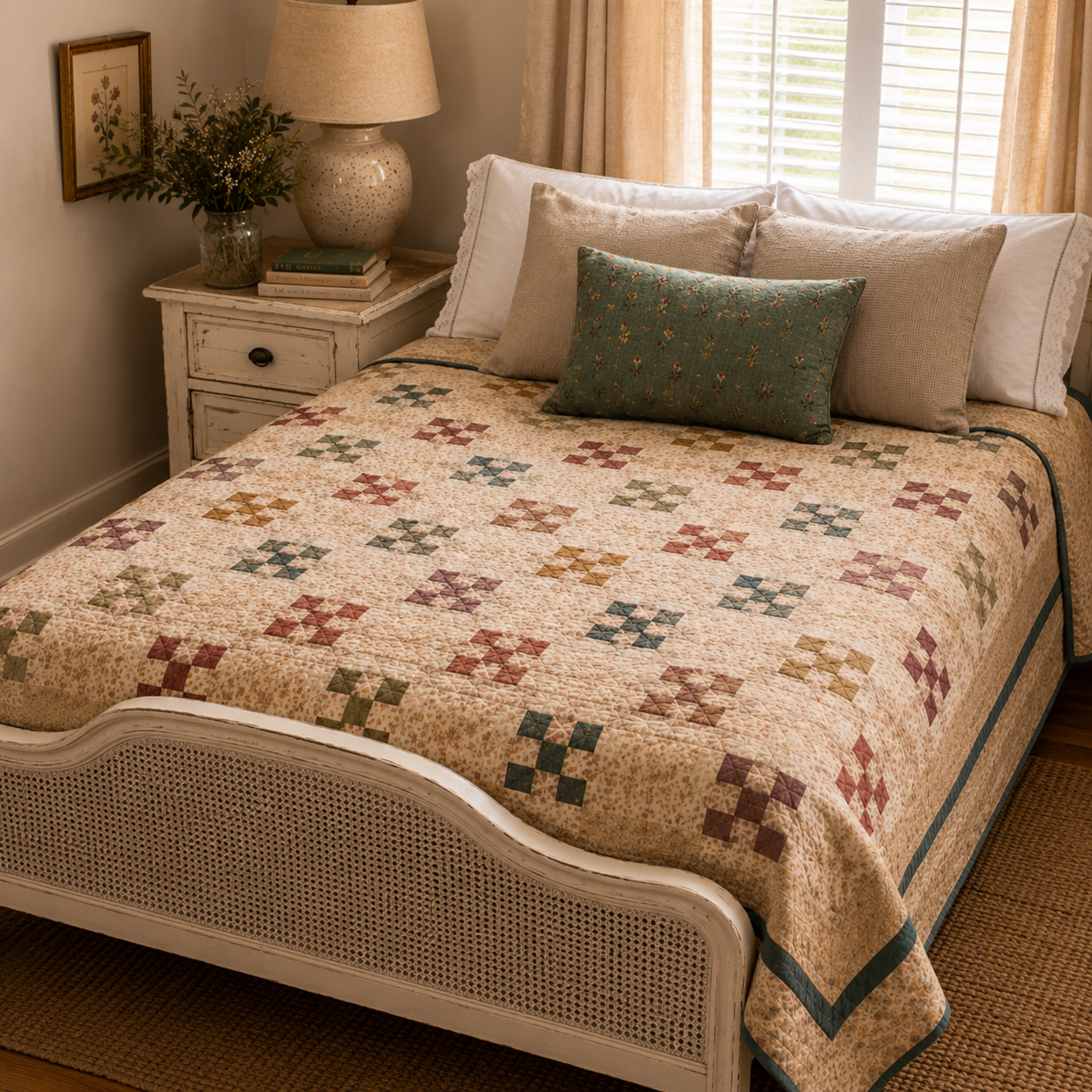 The Fox Homestead by Stacy West for Henry Glass — nine-patch pinwheel quilt on a vintage cane bed in a cottage bedroom, pieced in dusty rose, sage, burgundy, and gold on a cream ditsy ground with a teal border, styled with a sage floral pillow