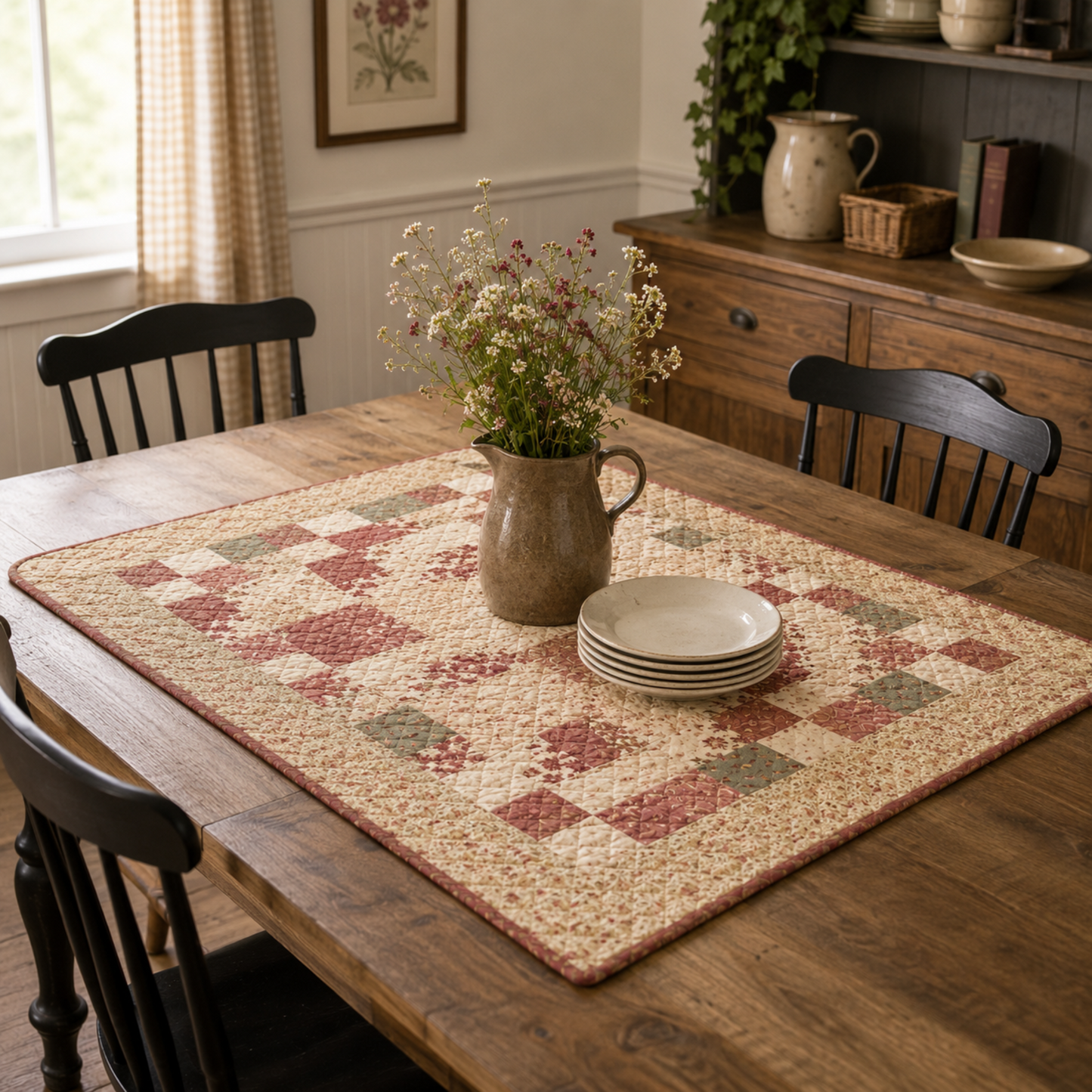 Patchwork table runner on a farmhouse dining table using The Fox Homestead fabrics by Stacy West for Henry Glass — nine-patch blocks in dusty rose, sage, and cream with a burgundy border, styled with a stoneware pitcher and wildflowers