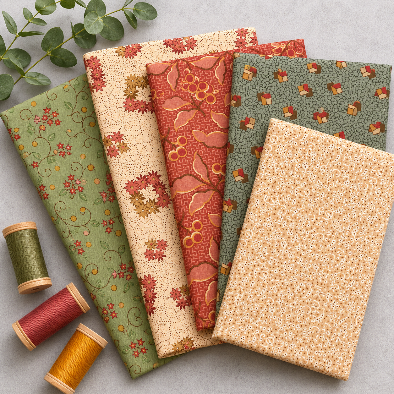 The Fox Homestead fabric collection by Stacy West for Henry Glass — five coordinating quilting cottons fanned out including sage green floral vine, cream daisy clusters, rust leaves and berries, slate green tumbling cubes, and cream sand paisley swirl, with wooden thread spools