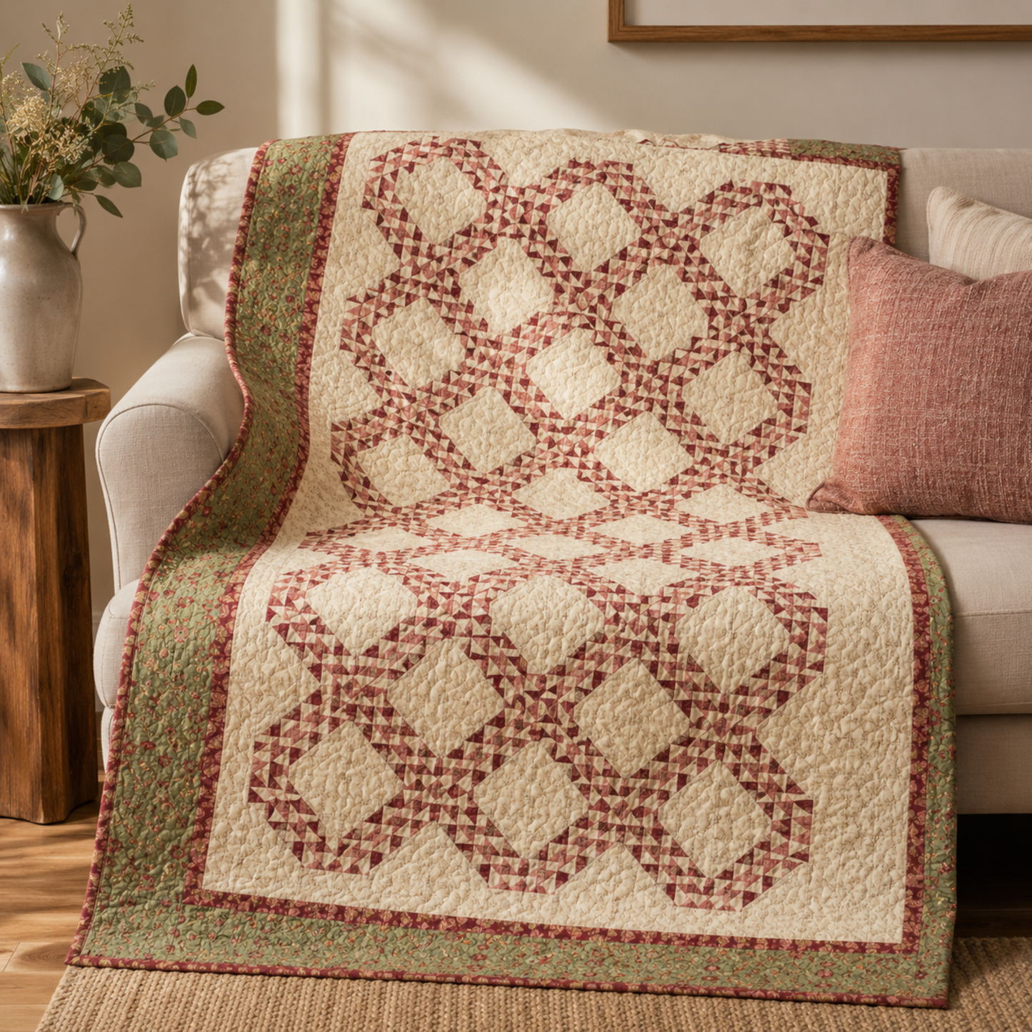 The Fox Homestead fabrics by Stacy West for Henry Glass showcased in the Kelley ocean wave quilt pattern by Edyta Sitar of Laundry Basket Quilts — dusty rose, cream, and burgundy with sage green border, draped over a cream sofa