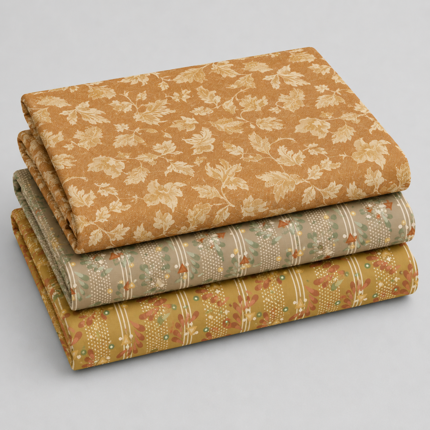 Coordinating quilting cottons from the Front Porch collection by Dolores Smith for Marcus Fabrics — stacked folds of rust-amber scrolling leaf print, sage green railings stripe, and olive-gold railings stripe, 100% cotton 43–44" wide