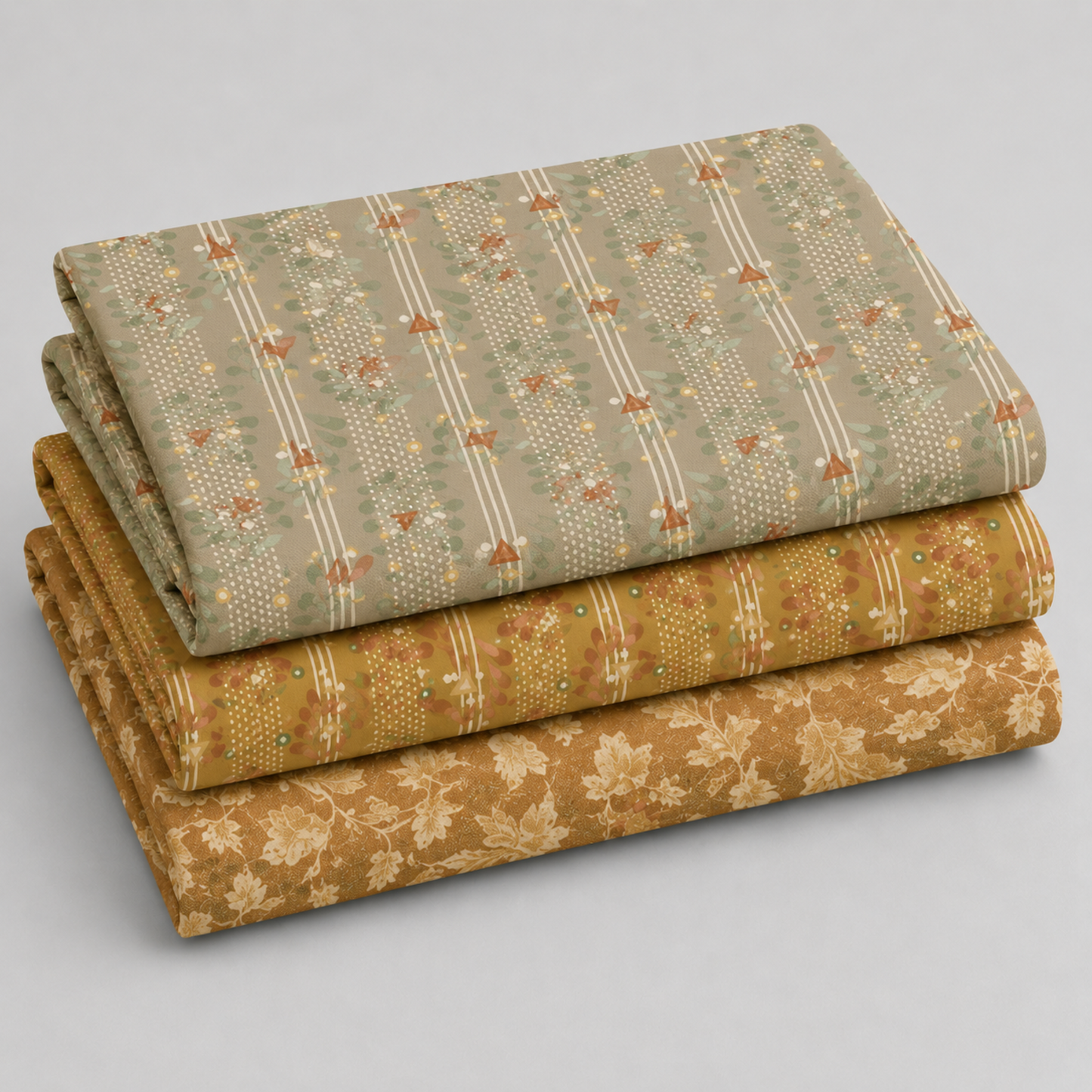 Coordinating quilting cottons from the Front Porch collection by Dolores Smith for Marcus Fabrics — stacked folds of sage green railings stripe, olive-gold railings stripe, and golden-tan scrolling leaf print, 100% cotton 43–44" wide