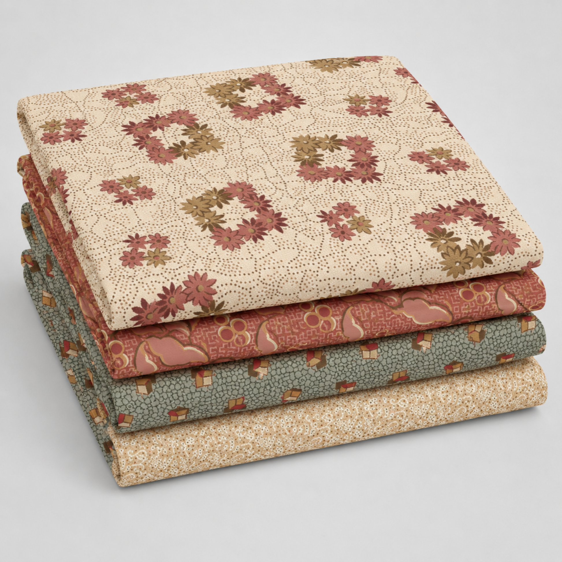 Coordinating quilting cottons from The Fox Homestead collection by Stacy West for Henry Glass — stacked folds of cream daisy clusters, dusty rose leaf-and-berry sprigs, slate blue-green tumbling cubes, and cream paisley swirl, 100% cotton 43–44" wide