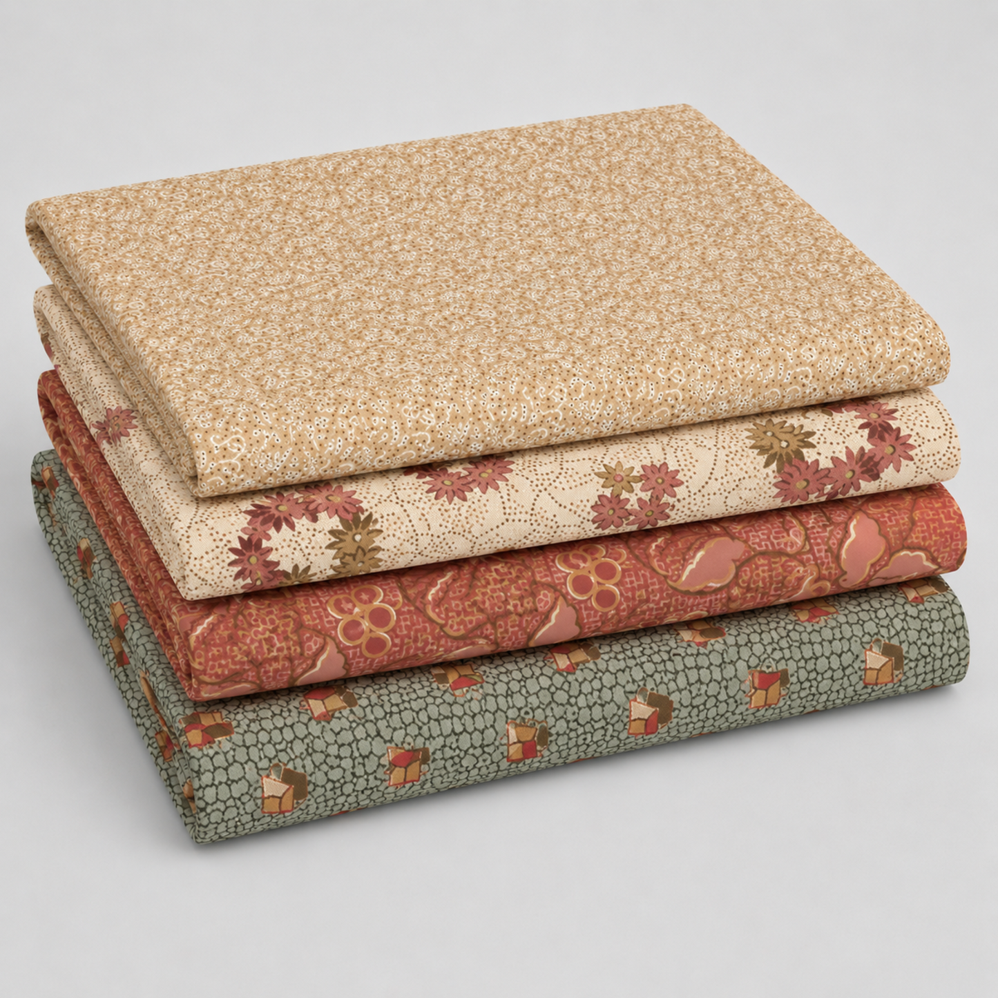 Coordinating quilting cottons from The Fox Homestead collection by Stacy West for Henry Glass — stacked folds of cream paisley swirl, cream daisy clusters, dusty rose leaf-and-berry sprigs, and slate blue-green tumbling cubes, 100% cotton 43–44" wide