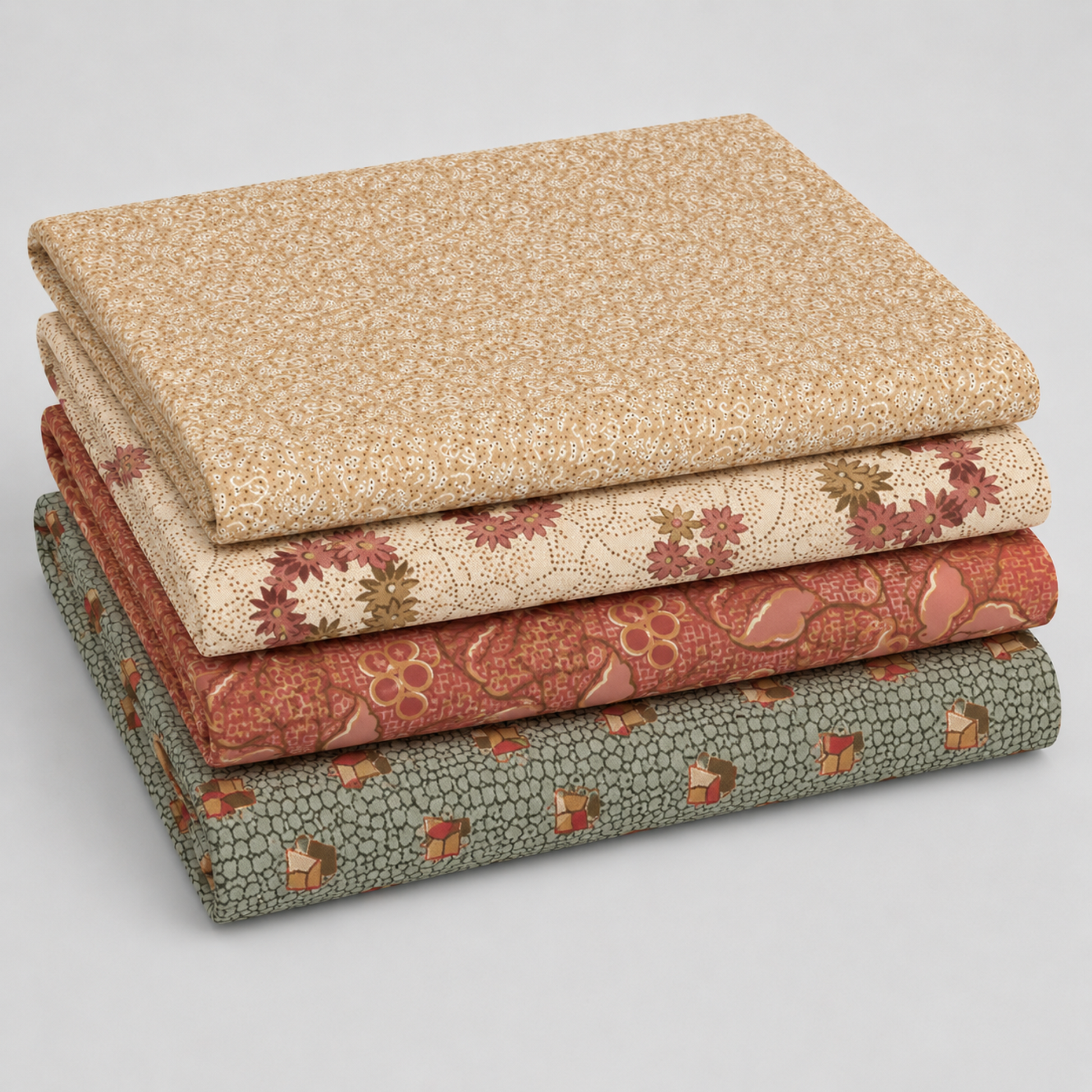 Coordinating quilting cottons from The Fox Homestead collection by Stacy West for Henry Glass — stacked folds of cream paisley swirl, cream daisy clusters, dusty rose leaf-and-berry sprigs, and slate blue-green tumbling cubes, 100% cotton 43–44" wide
