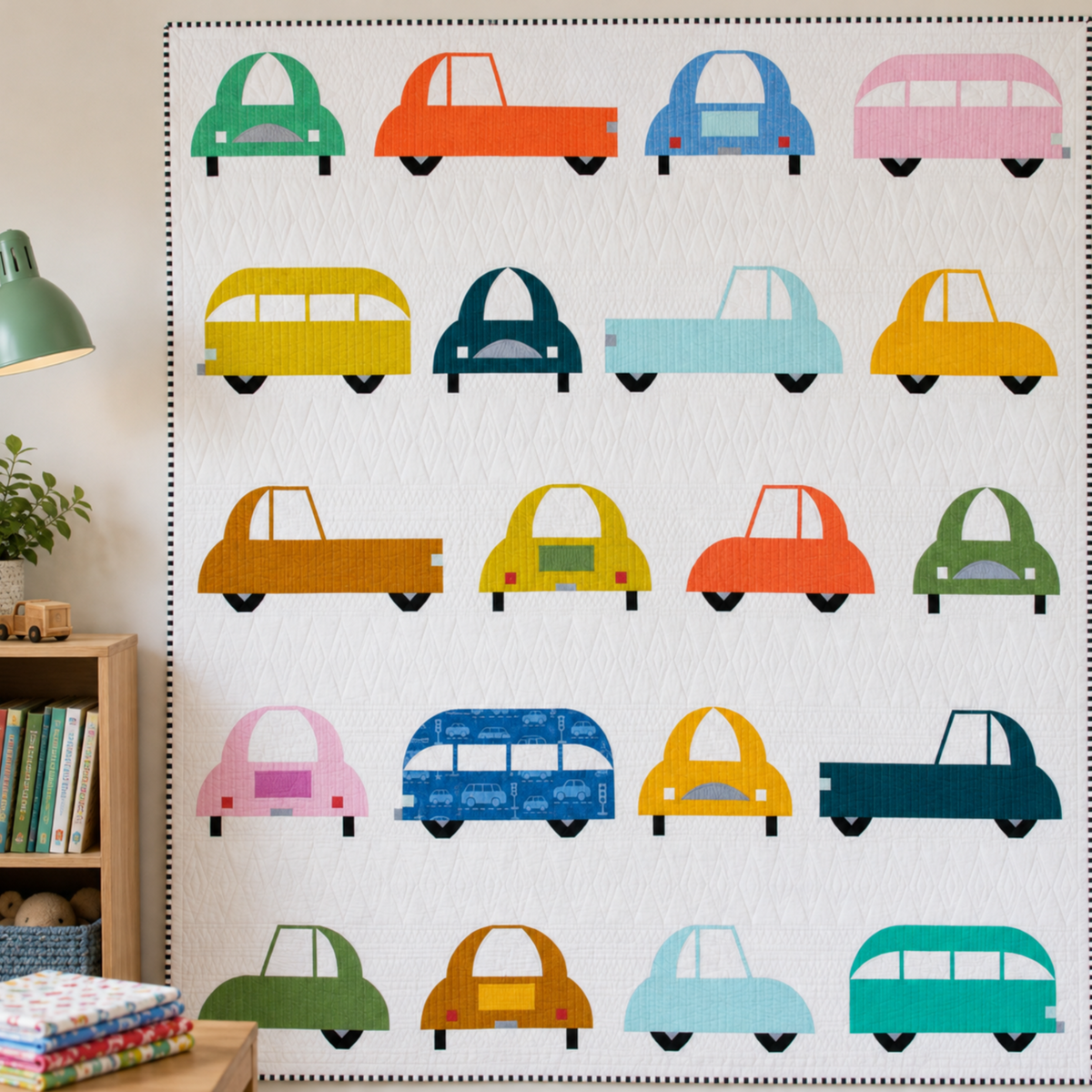 On the Go Automobiles Blue quilting cotton by Jason Yenter for In The Beginning Fabrics — shown as the bus block fabric in a full Cool Cars quilt by Sew Kind of Wonderful, displayed on a wall in a bright children's sewing room with colorful car blocks in green, orange, blue, pink, yellow, teal, and red on a white ground. Quilts shown for inspiration feature the Cool Cars Quilt Pattern by Sew Kind of Wonderful — available at IraRobi Quilts.