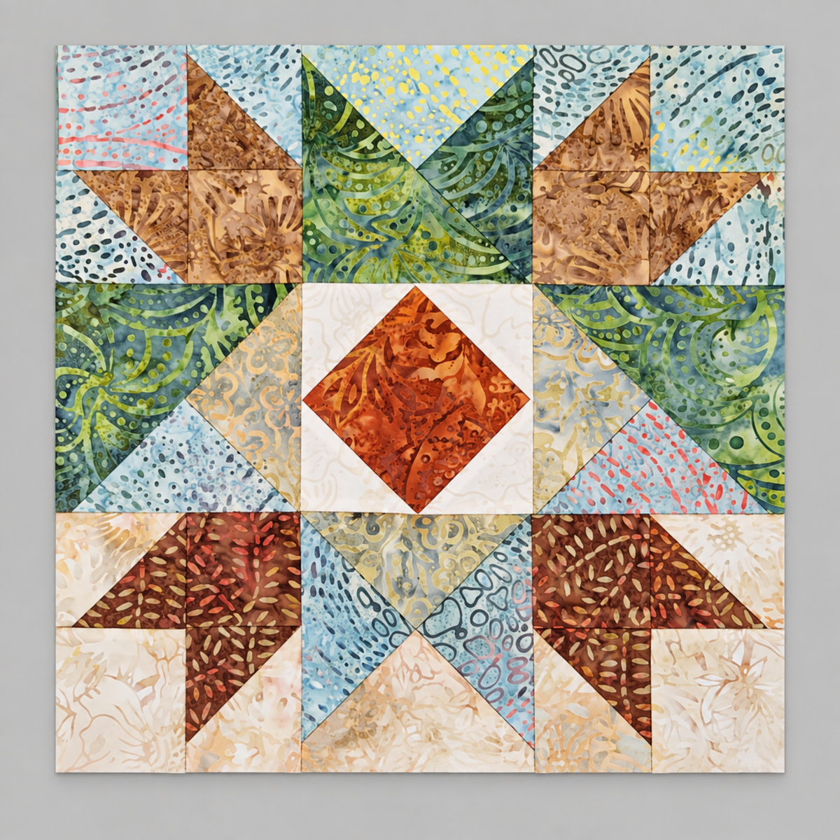 Sunset quilt block from the Windsong Block of the Month program by Wing and a Prayer Design, shown in coordinating cream, blue, green, gold, rust, and brown Tonga Batiks. Quilt block shown for inspiration. Coordinating fabrics and quilt patterns are available at IraRobi Quilts.