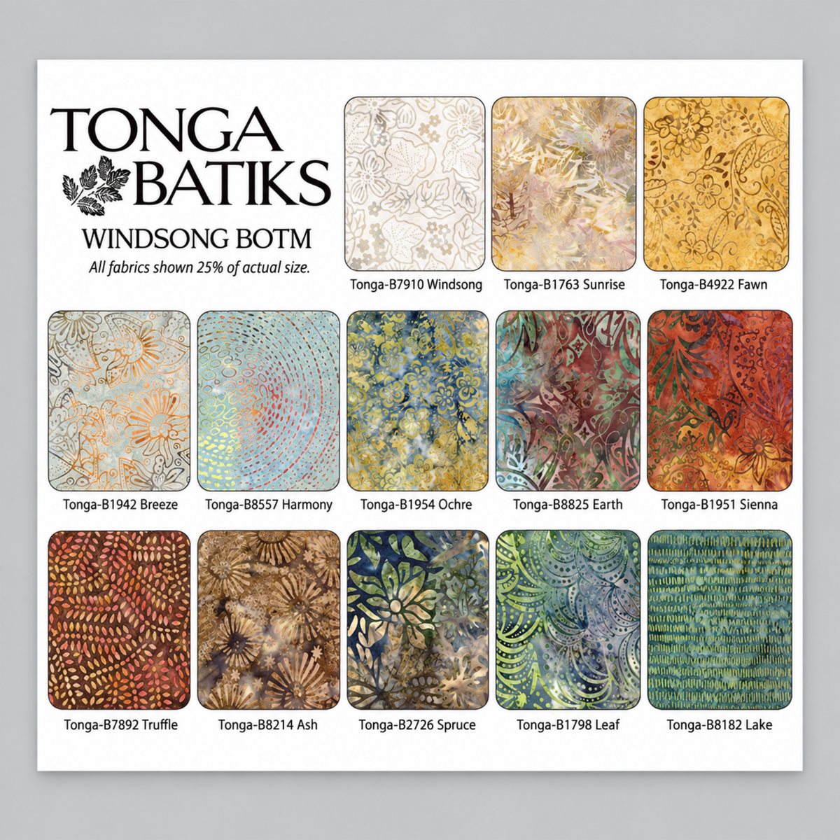 Tonga Batiks Windsong fabric chart by Wing and a Prayer Design for Timeless Treasures, including Rainfall Leaves Truffle and coordinating batik prints.