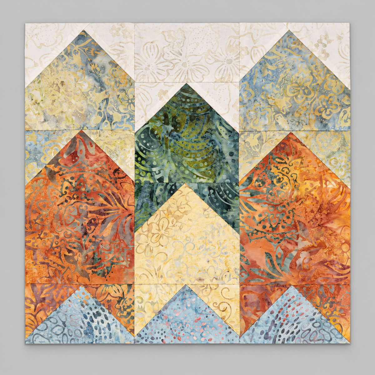 Traditional geometric quilt block from the Windsong Block of the Month program by Wing and a Prayer Design, featuring Fawn Viney Floral with coordinating cream, blue, green, orange, and gray Tonga Batiks. Quilt block and coordinating fabrics are shown for inspiration; patterns are not included with this fabric.