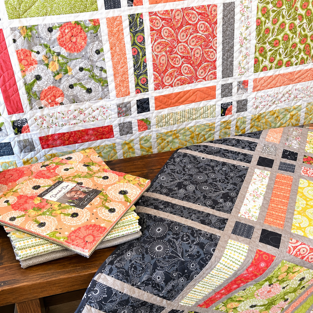  Dandi Duo fabrics beside colorful finished quilts with floral squares, narrow sashing, and dark accent squares, shown for inspiration.