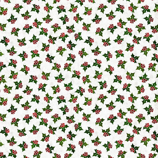 NYSNO New Snow White Holly quilting cotton by Jason Yenter for In The Beginning Fabrics — close-up flat lay showing densely packed tossed holly leaves in medium green with deep red berry clusters on a soft mottled white ground, small-scale allover repeat, 100% cotton, 43–44" wide.