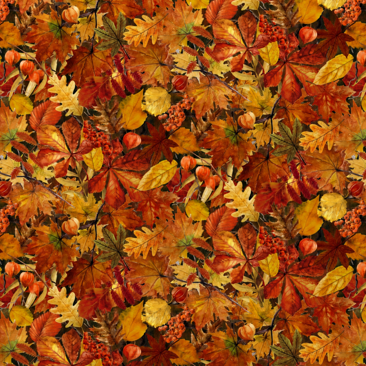 Autumn Celebration Multi Small Foliage quilting cotton by Jason Yenter for In The Beginning Fabrics — close-up flat lay showing a densely packed allover tossed leaf print with oak, maple, Virginia creeper, and broad ovate leaves in amber, burnt orange, rust, and golden yellow, scattered with orange physalis lanterns and red rowan berry clusters. No visible ground. 100% cotton, 43–44" wide.