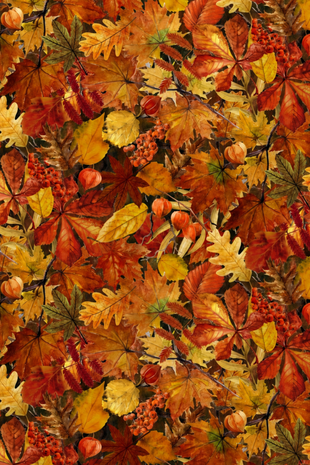 Autumn Celebration Multi Small Foliage quilting cotton by Jason Yenter for In The Beginning Fabrics — vertical close-up of a densely packed allover tossed leaf print with oak, maple, Virginia creeper, and broad ovate leaves in amber, burnt orange, rust, and golden yellow, with orange physalis lanterns and red rowan berry clusters. 100% cotton, 43–44" wide.