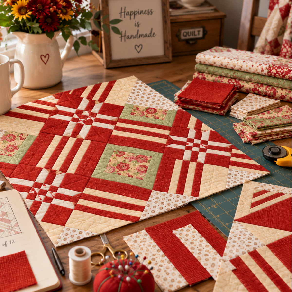 Interwoven Tomato Fabric by Jason Yenter for In The Beginning Fabrics featured as lattice strips, sashing, and square-in-square blocks in an Echo Effects quilt in progress on a sewing table — blocks laid out on a cutting mat alongside folded fabric stacks, rotary cutter, scissors, thread, and a "Good Fabric Good Mood" mug. Quilts shown for inspiration feature the Echo Effects Quilt Pattern — available at IraRobi Quilts.