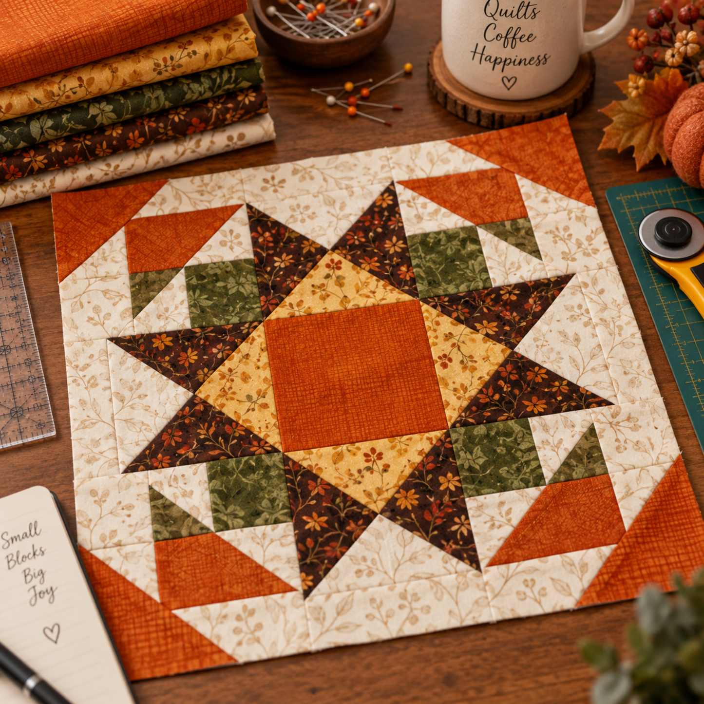 Interwoven Pumpkin Fabric by Jason Yenter for In The Beginning Fabrics featured as the center square and outer corner triangles in a large Lone Star medallion quilt block on a wooden sewing table — paired with coordinating autumn foliage prints in green, rust, brown, and cream, with a fabric stack, pin cushion, rotary cutter, and "Quilts Coffee Happiness" mug in the background. Quilt blocks shown for inspiration. Coordinating fabrics and quilt patterns are available at IraRobi Quilts.