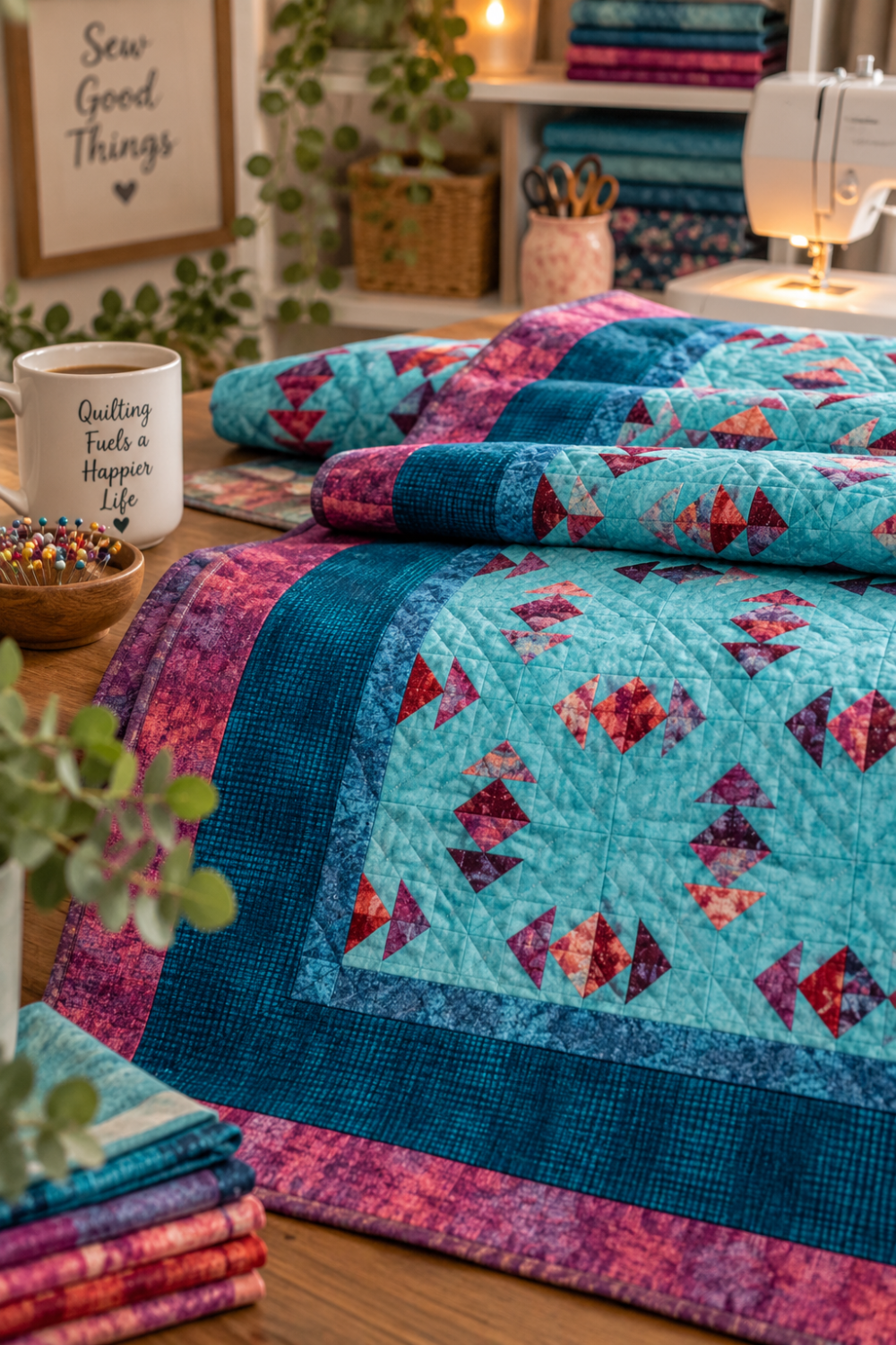 Interwoven Dark Teal Fabric by Jason Yenter for In The Beginning Fabrics as the wide inner border of a Geese Over Galveston Bay quilt draped over a sewing table — deep dark teal crosshatch tonal framing a light aqua background with flying geese blocks in red, coral, plum, and pink. Stacked coordinating fabrics and sewing machine softly visible in background. Quilts shown for inspiration feature the Geese Over Galveston Bay Quilt Pattern by The Quilt Rambler — available at IraRobi Quilts.