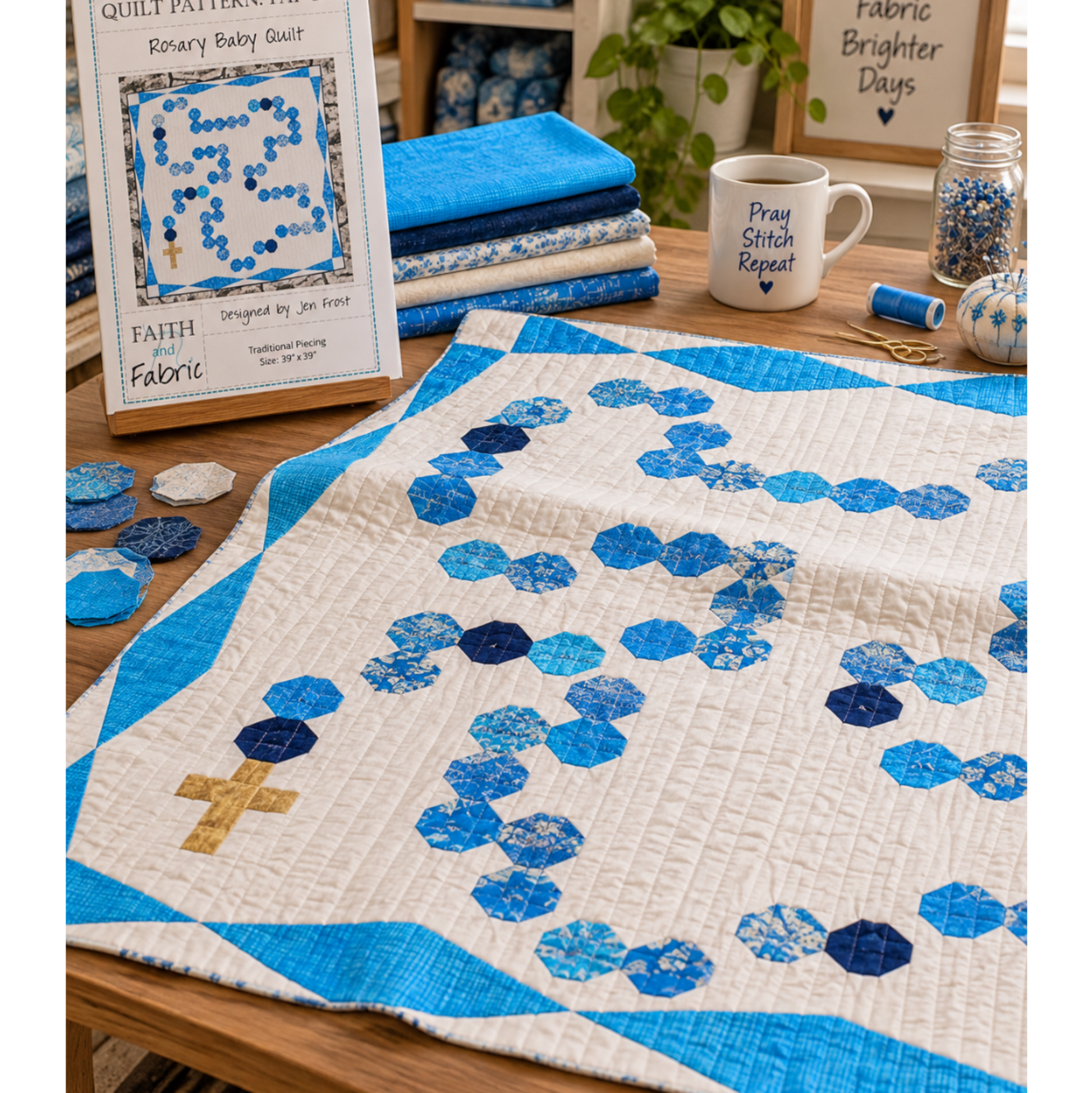 Interwoven Deep Sky Fabric by Jason Yenter for In The Beginning Fabrics used in the border and hexagon bead blocks of a Rosary Baby Quilt on a wooden sewing table — vivid bright sky blue crosshatch tonal coordinating with navy and blue print hexagons forming a rosary chain on a white background, with a gold cross accent. Quilts shown for inspiration feature the Rosary Baby Quilt Pattern by Faith and Fabric, designed by Jen Frost — available at IraRobi Quilts.