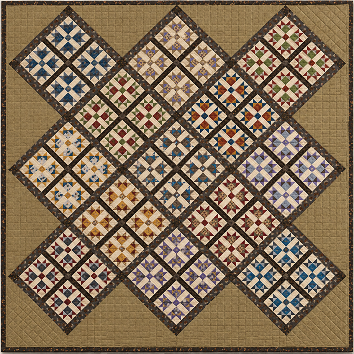 Rudy's Farm Quilt Pattern by Jill Shaulis for Yellow Creek Quilt Designs — 63"×63" finished quilt featuring 6" snowflake blocks in groups of four set on point, in a rich scrappy palette of blues, reds, greens, golds, and purples on cream, with dark brown floral sashing and a warm tan background.