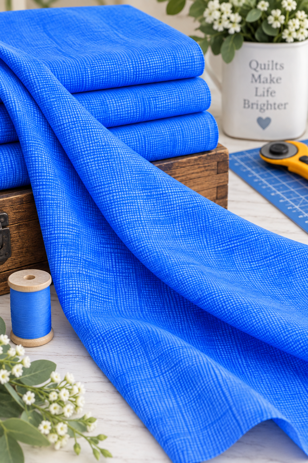Interwoven Periwinkle Fabric by Jason Yenter for In The Beginning Fabrics — fabric folded over a wooden sewing box with a periwinkle thread spool, rotary cutter, cutting mat, and white floral greenery on a white wood surface. 100% cotton, 43–44" wide.