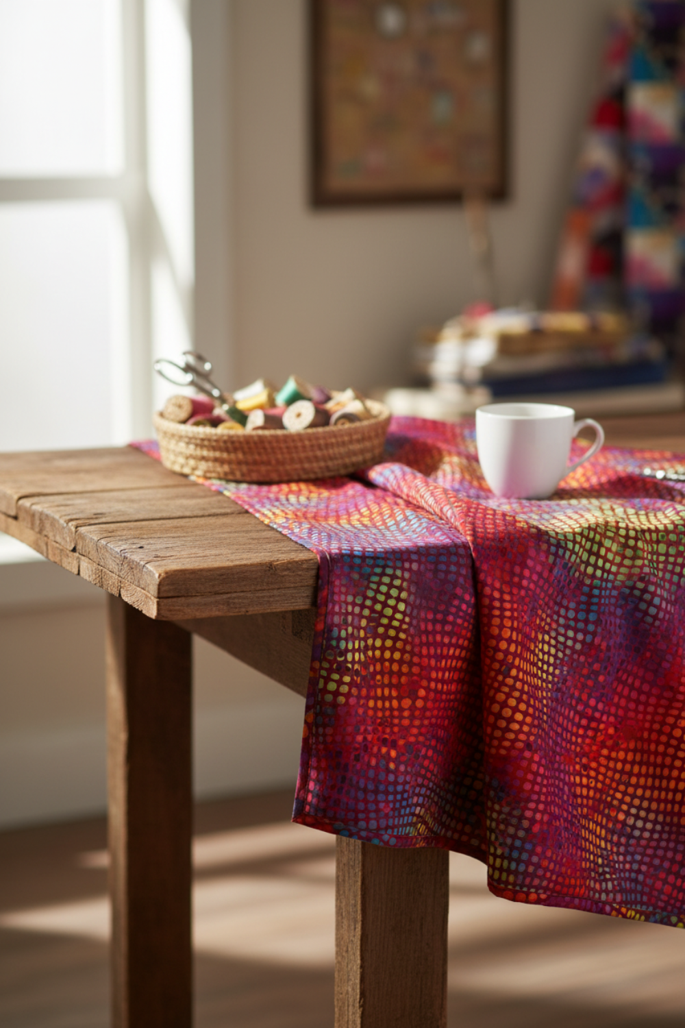 Impressions Red Dots quilting cotton styled on cutting mat with quilting tools – lifestyle shot for quilters