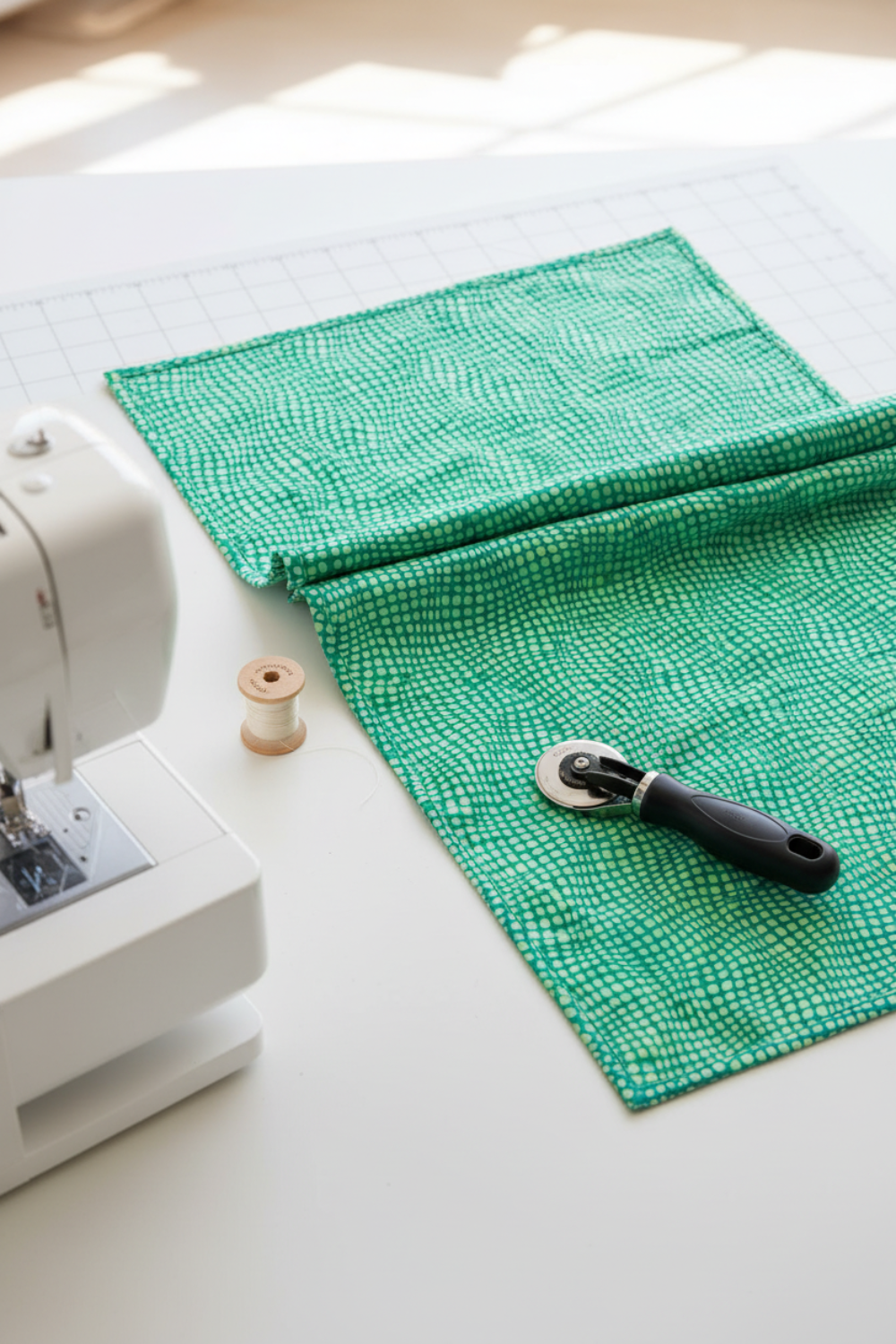 Impressions Mint Dots quilting cotton styled on cutting mat with quilting tools – lifestyle shot for quilters