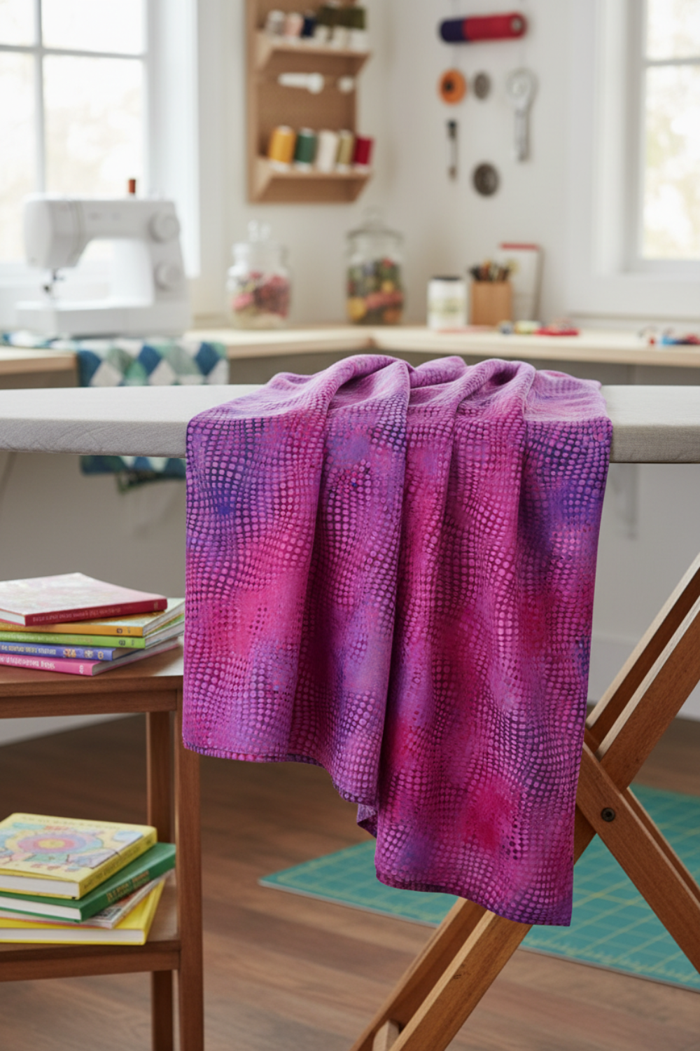 Impressions Magenta Dots quilting cotton in magenta and purple tones draped in sewing room with cutting mat and tools