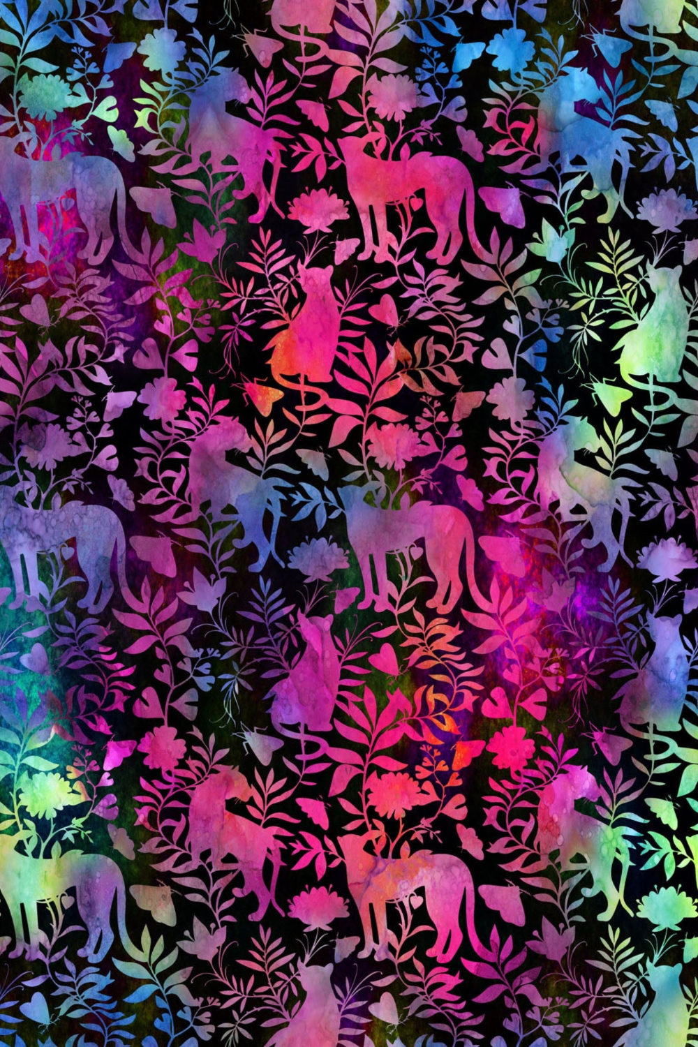 Impressions Jewel Jungle fabric by Jason Yenter for In The Beginning Fabrics – jewel-toned animal silhouettes and lush botanical foliage in hot pink, purple, teal, and lime green on deep black ground, perfect for bold and dramatic quilt projects, 100% cotton, 3 yard cut