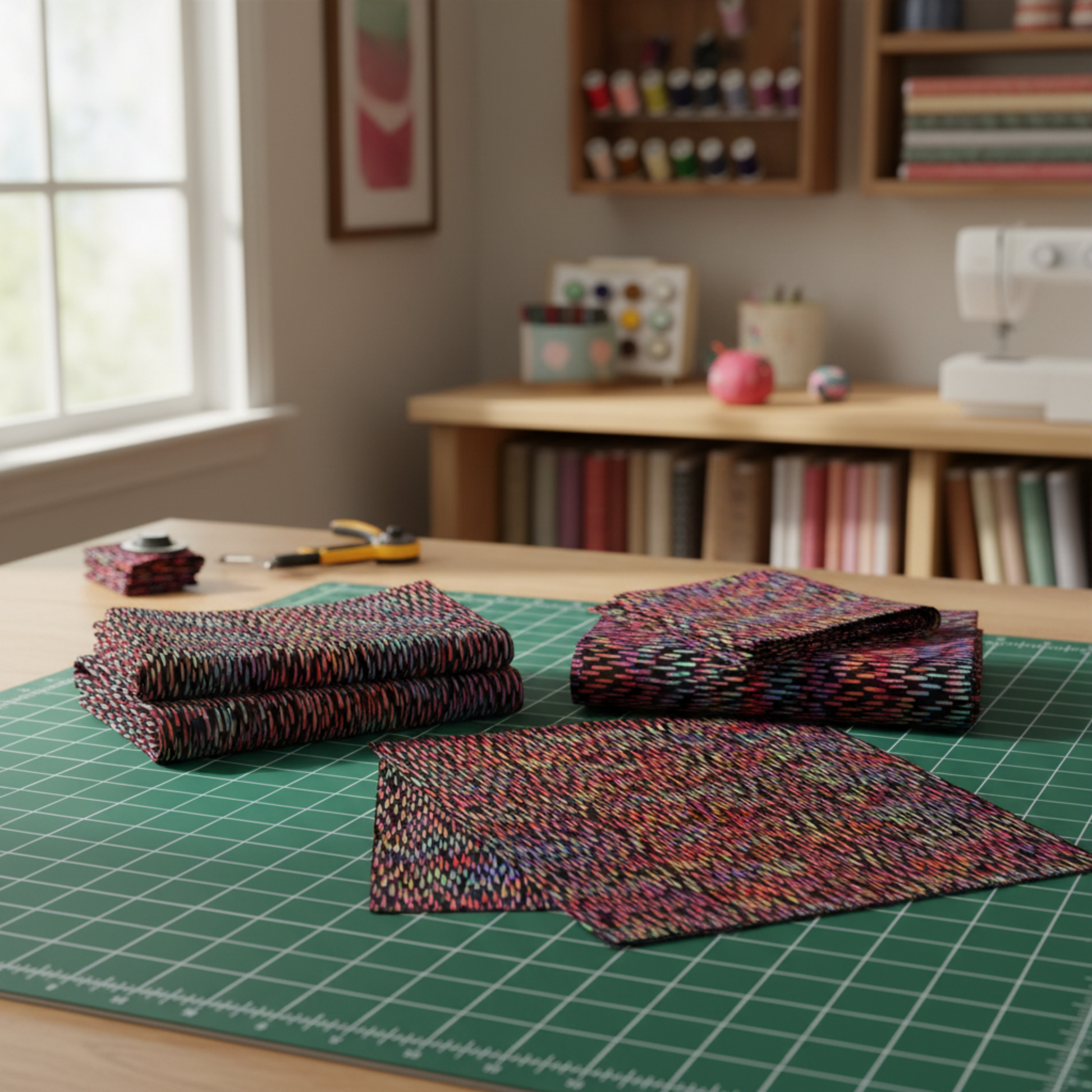 Impressions Multi Dark Raindrops quilting cotton styled on cutting mat with quilting tools – lifestyle shot for quilters