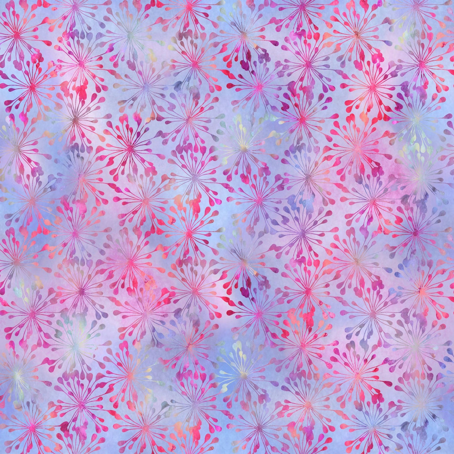 Impressions Pink Puffs quilting cotton fabric folded to show starburst puff pattern – soft lavender and pink tonal print by Jason Yenter for In The Beginning Fabrics, 100% cotton, 3 yard cut