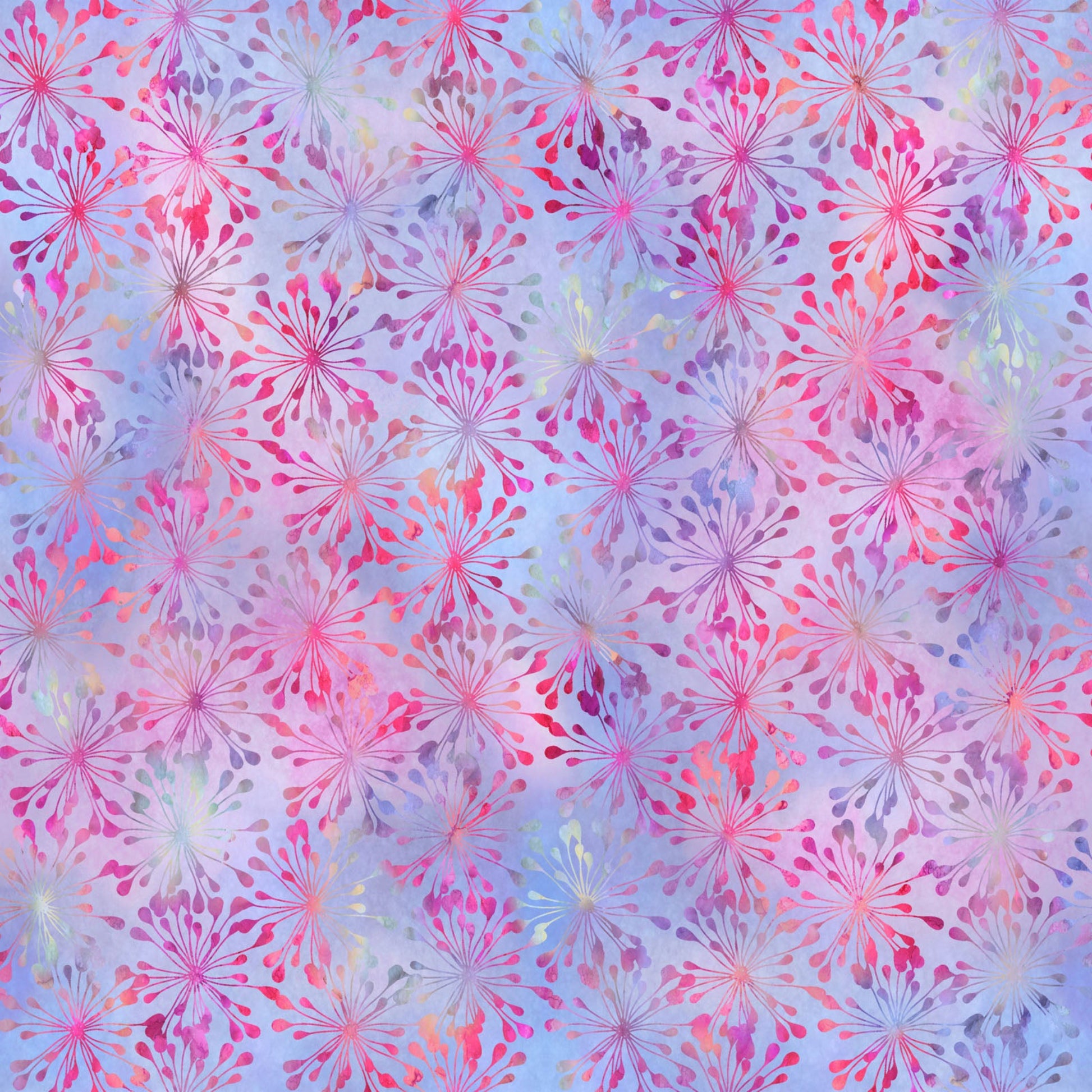 Impressions Pink Puffs quilting cotton fabric folded to show starburst puff pattern – soft lavender and pink tonal print by Jason Yenter for In The Beginning Fabrics, 100% cotton, 3 yard cut