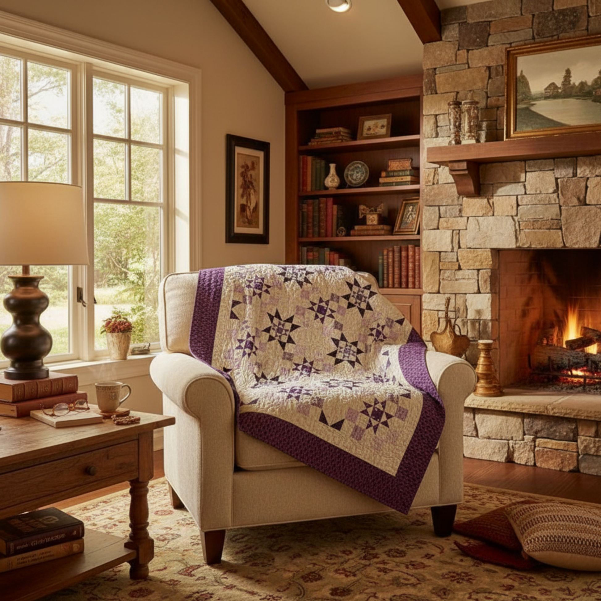 Cozy living room with a fireplace, bookshelf, and armchair with a quilt draped over it.