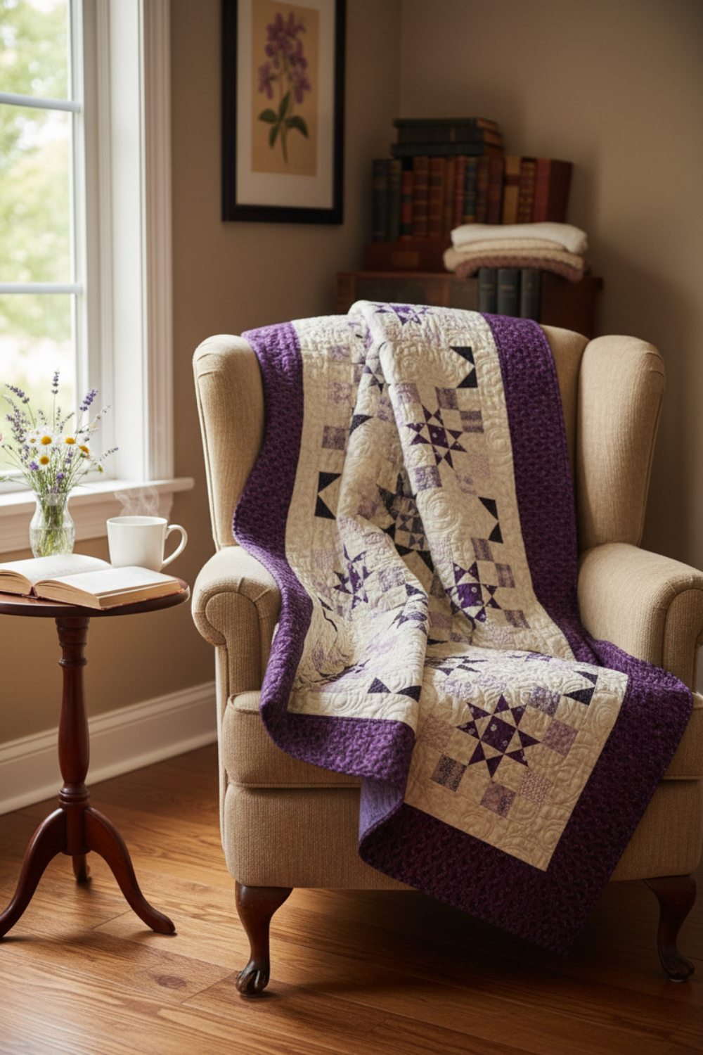 Quilt draped over a chair in a cozy room with a window and books in the background.
