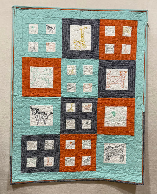 Savannah - Orange, Blue & Gray Jungle Animals, 33" x 41"- Handmade Baby Quilt