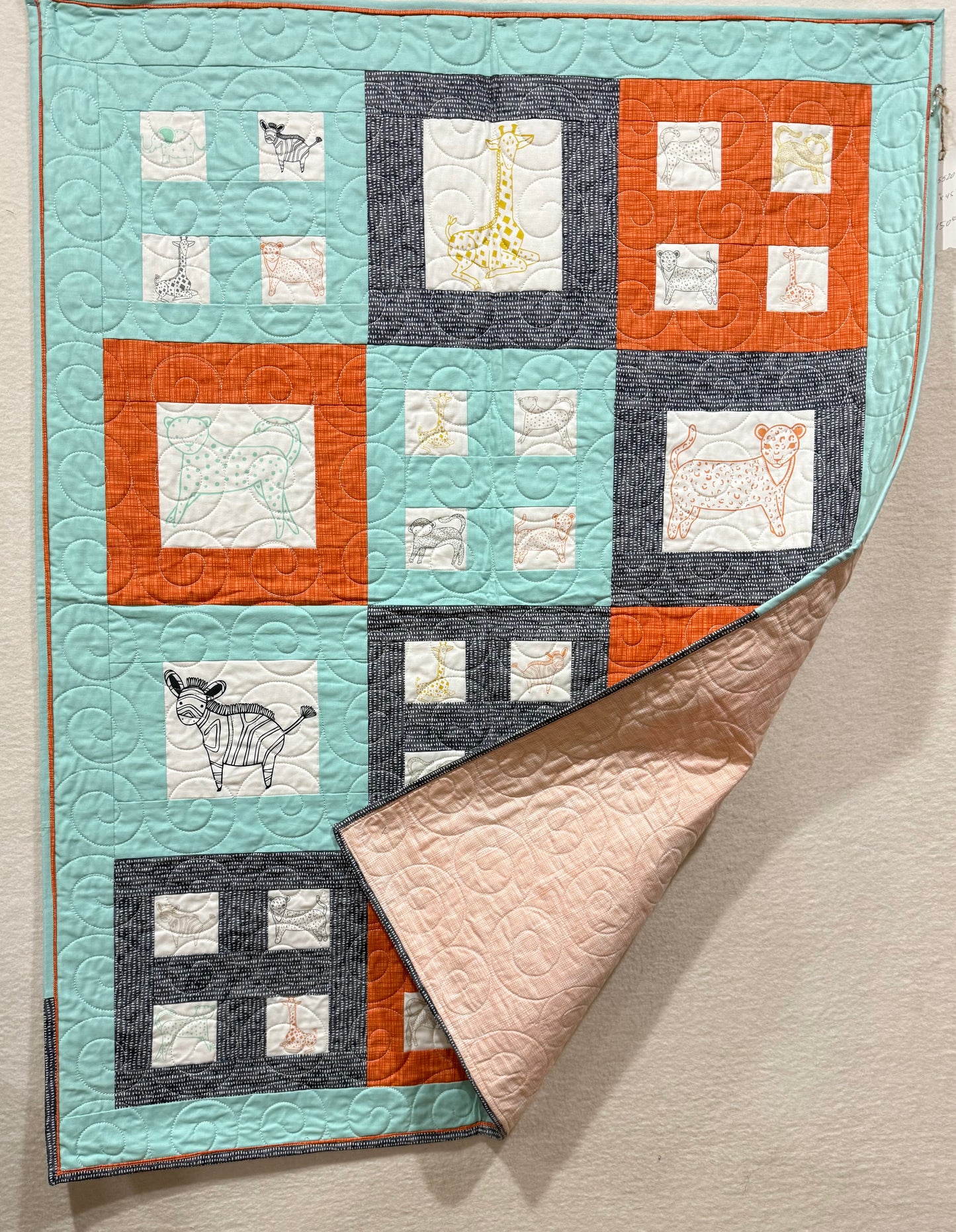 Savannah - Orange, Blue & Gray Jungle Animals, 33" x 41"- Handmade Baby Quilt