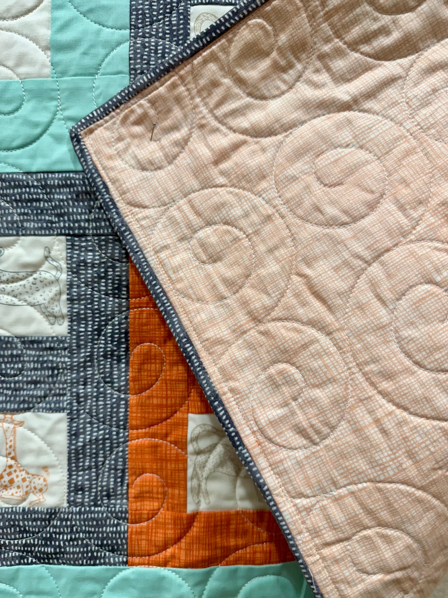 Savannah - Orange, Blue & Gray Jungle Animals, 33" x 41"- Handmade Baby Quilt
